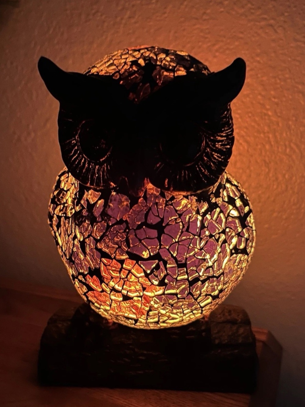 Vintage Mosaic Crackle Glass Owl Lamp Night Light Decorative Tabletop